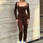 Fitness Black Jumpsuit Long Sleeve Backless Sexy Bodycon Jump Suit Women Two Piece Outfits