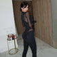 Mesh Splicing See Through Black Long Sleeve Bodycon Jumpsuits for Woman Sexy Club Wear Fall Clothes