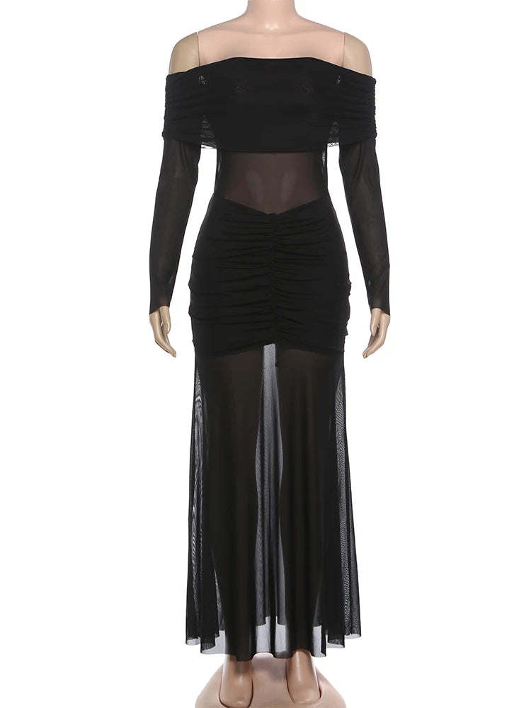 Patchwork Mesh Maxi Dress Women Slash Neck Full Sleeve Peach Butt Folds Classic Prom Party Fashion Elegant Chic Vestidos