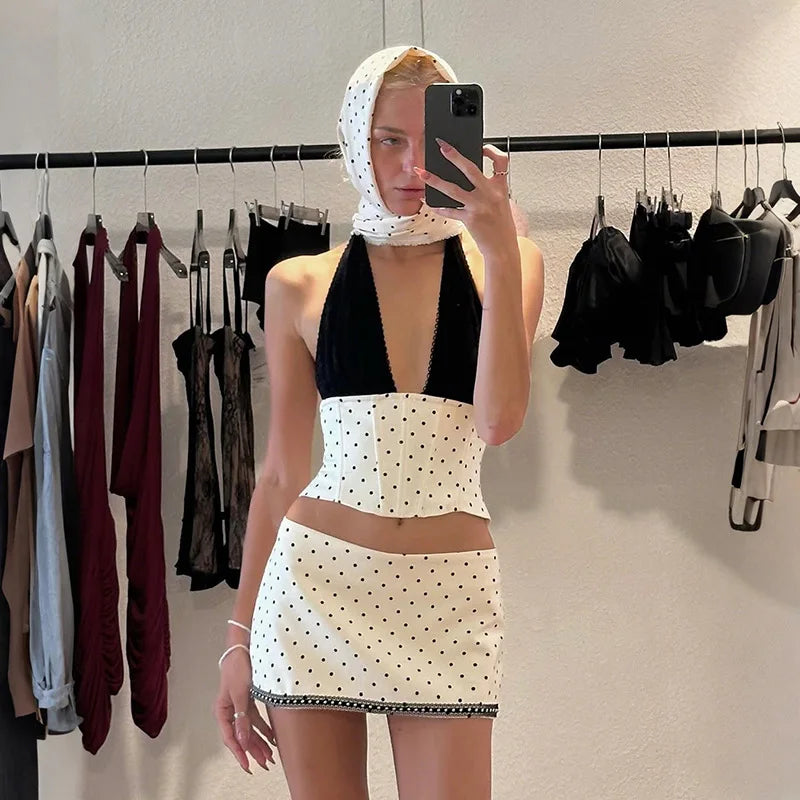 Two Piece Sets for Woman Lace Patchwork Deep V Polka Dot Corset Top and Mini Skirt Sexy Going Out Outfits