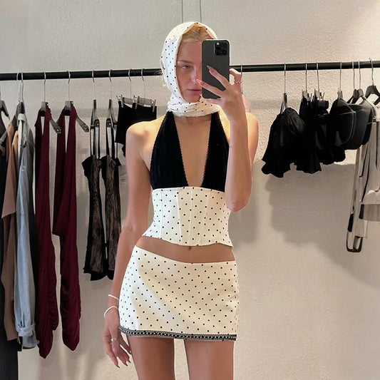 Two Piece Sets for Woman Lace Patchwork Deep V Polka Dot Corset Top and Mini Skirt Sexy Going Out Outfits