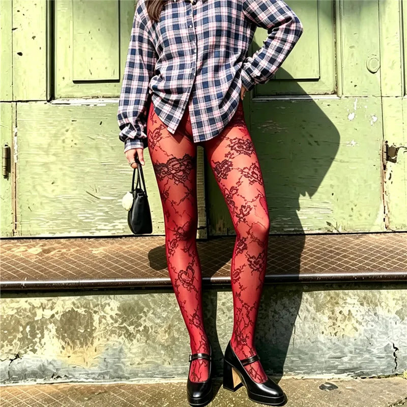 Women Semi Sheer Mesh Printed Tights Footed Pantyhose High Waist Seamless Patterned Stockings Y2K Street Party Hosiery