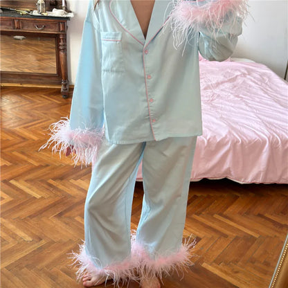 Women Feather Trim Satin Pajama Set Lapel Long Sleeve Top Wide Leg Pants Elegant Sleepwear Bachelorette Party Nightwear