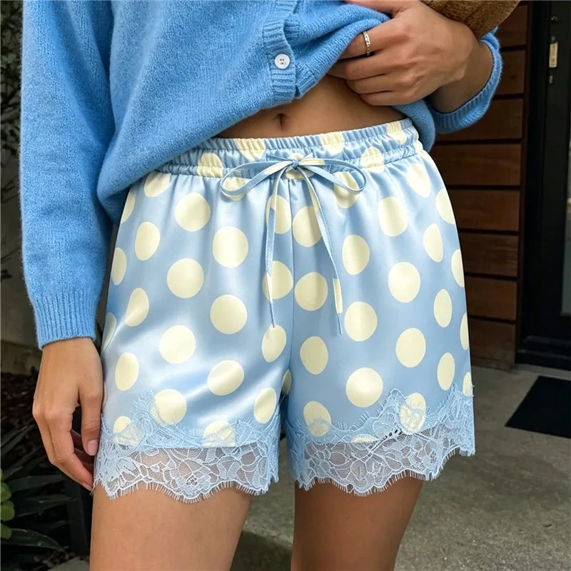 Women Satin Polka Dot Print Shorts Elastic Drawstring Waist Lace Trim Hem Loose Summer Casual Lounge Sleepwear Shorts