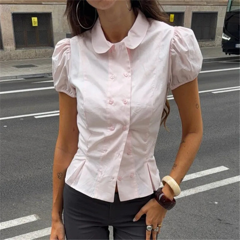 Women Elegant Peter Pan Collar Shirt Puff Short Sleeve Double Breasted Blouse Slim Peplum Hem Casual Office Ladies Tops