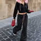 Black Two Piece Set Woman Fall Outfit Y2k Clothes 2000s Tracksuit Fluffy Faux-fur Hoodie and Flared Pants