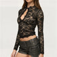 Women Y2K Mock Neck Keyhole Cutout Sheer Lace Crop Top Long Sleeve Floral Scallop Edge Slim See Through Gothic Blouse