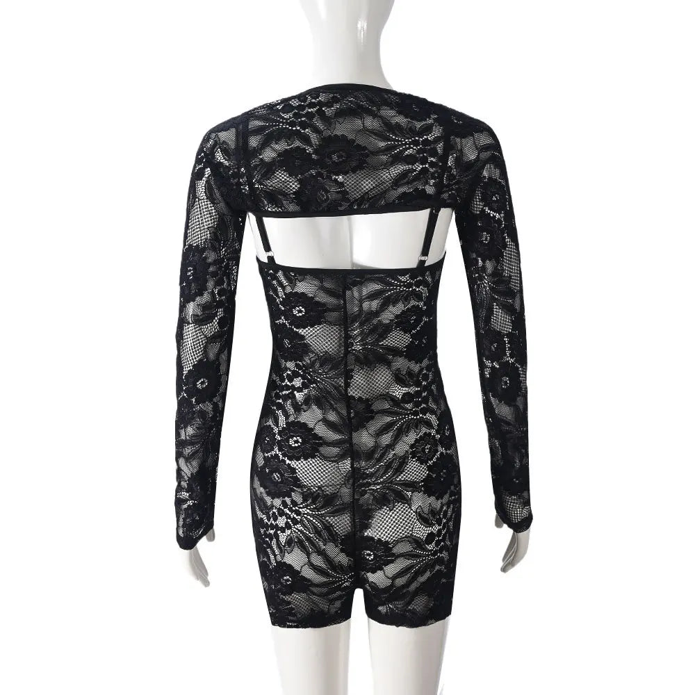 Jacquard Lace Black 2 Piece Sets Women Sexy Long Sleeve Shawl+ Spaghetti Strap Playsuits Match Coquette Midnigh Clubwear