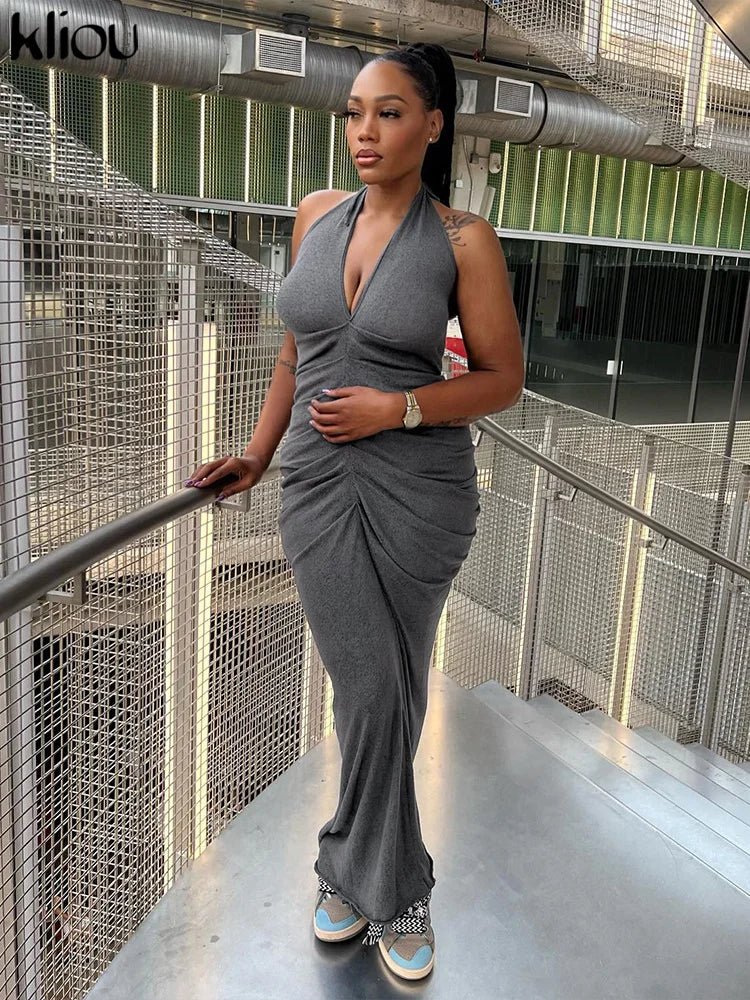Sleeveless Halter Ruched Maxi Dress Women Sexy Elegant Deep V-neck Lace Up Backless Bodycon Solid Robe Partywear Vestido