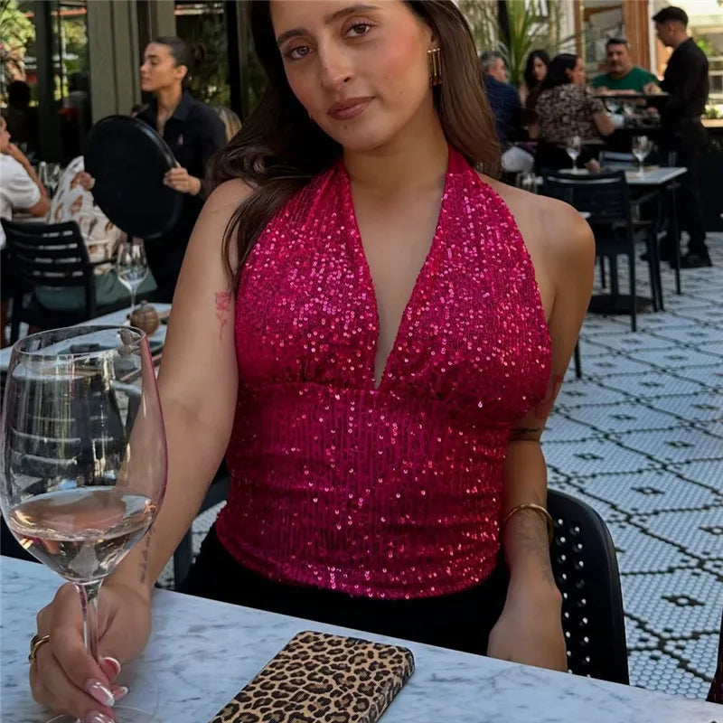 Chic Sequins Women Tank Vest Halter Backless Sleeveless Crop Top Female Summer Lady Party Club Outfits Y2K Streetwear
