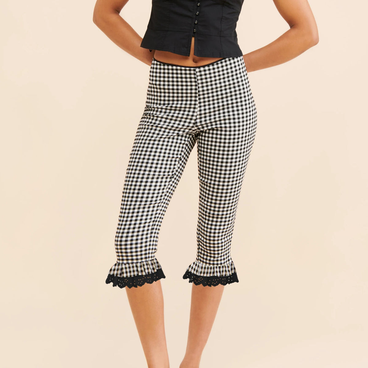 Lace Trim Capri Leggings for Women Y2K Plaid Low Waist Knee Length Crop Pants Summer Cute Going Out Tights Pants