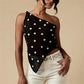 Women Y2K Polka Dot Mesh Top One Shoulder Asymmetric Hem Sheer See-Through Chiffon Halter Top Going Out Streetwear
