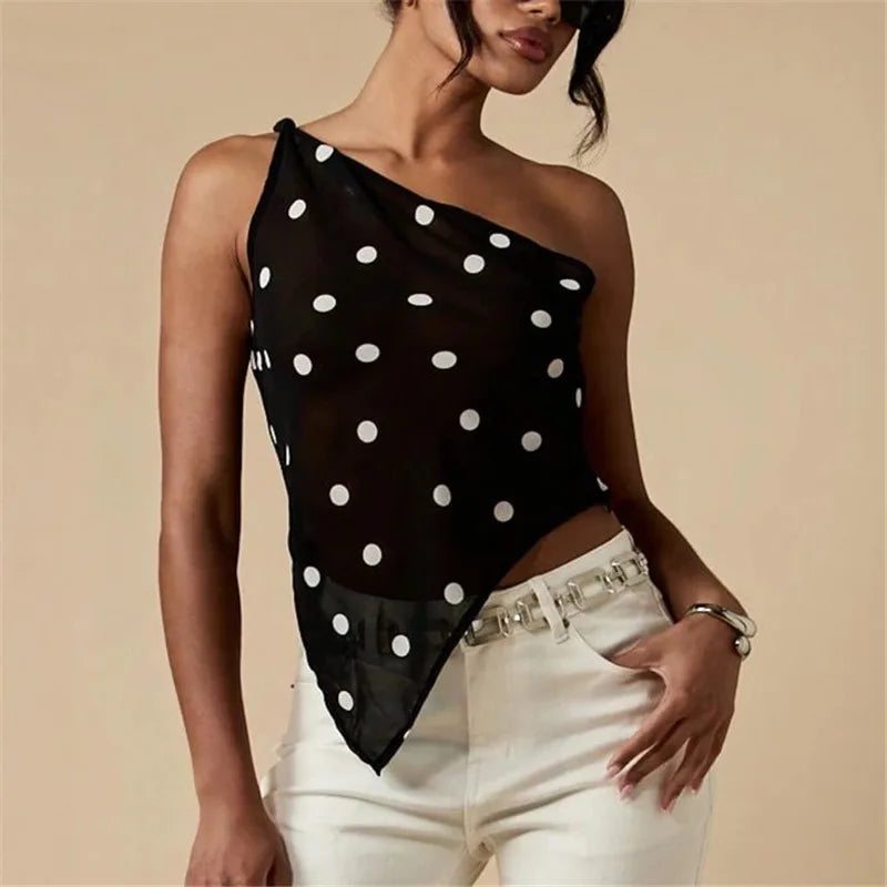 Women Y2K Polka Dot Mesh Top One Shoulder Asymmetric Hem Sheer See-Through Chiffon Halter Top Going Out Streetwear