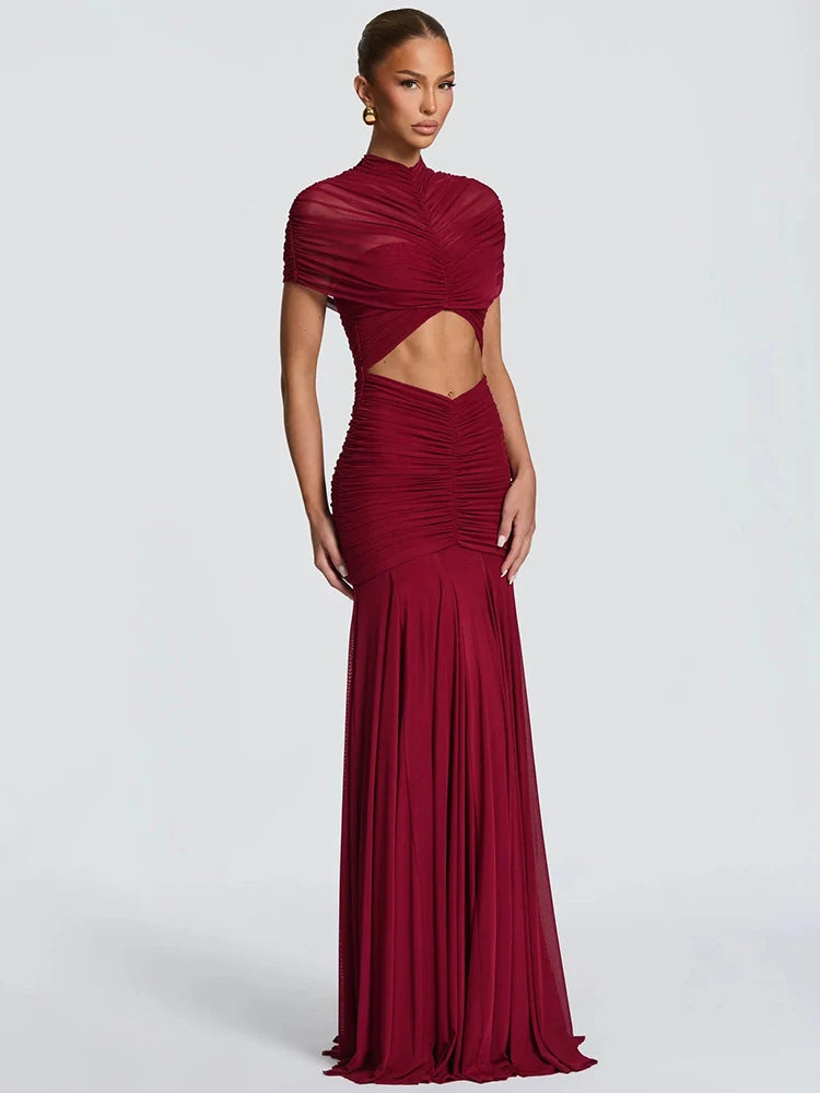 Short Sleeve Ruched Sexy Maxi Dress Women Elegant Hollow Out Turtleneck Bodycon Pleated Club Party Long Dress Female