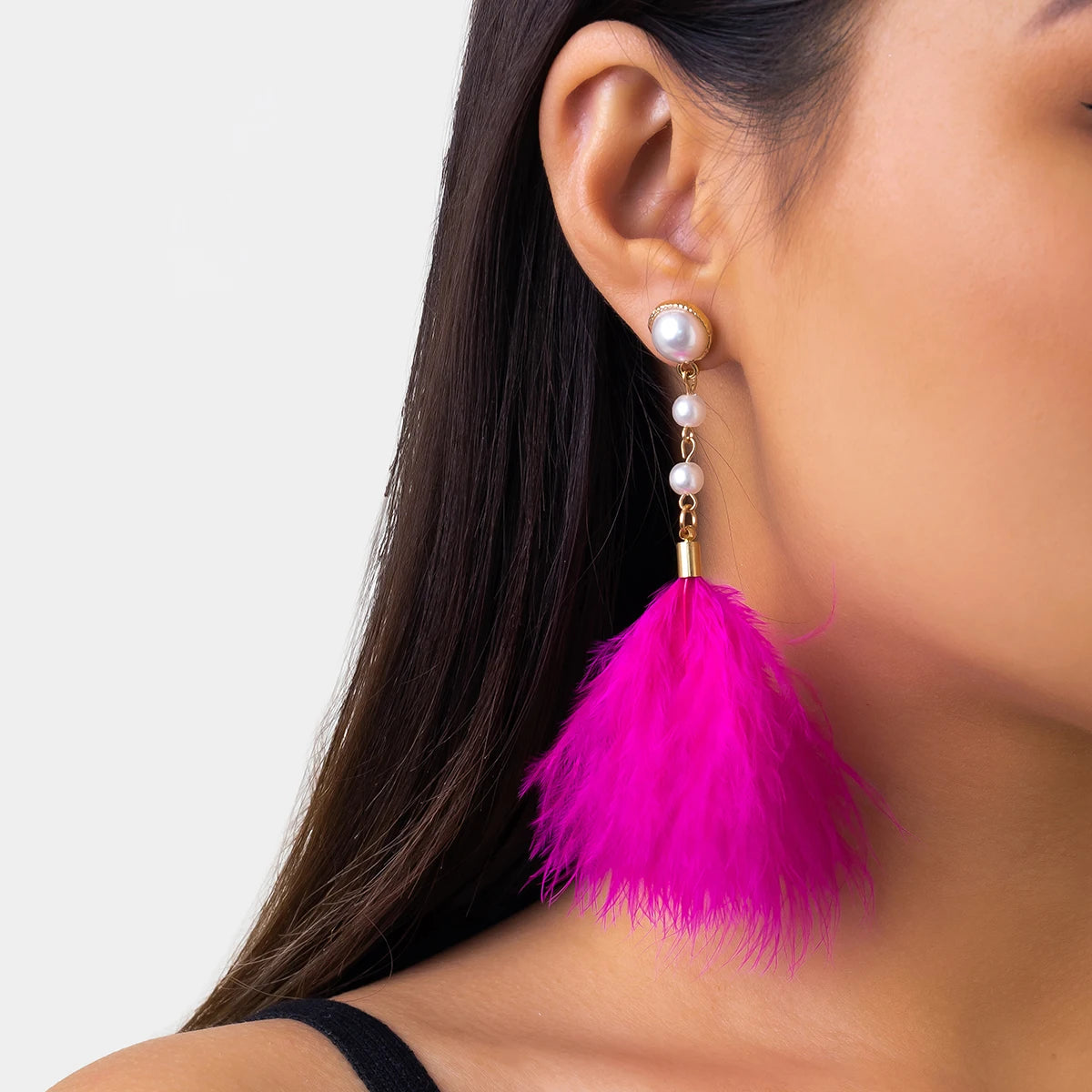 Romantic Long Tassel Fluffy Feather Drop Earrings for Women Wed Elegant Boho Imitation Pearl Dangle Earring Y2K Jewelry