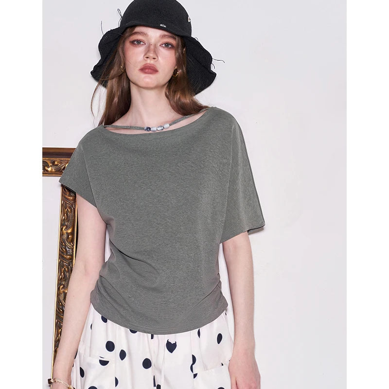 Cowl Neck Ruched T-shirt, Slim Fit Short Sleeve Tee, Casual Solid Color Summer Top for Women