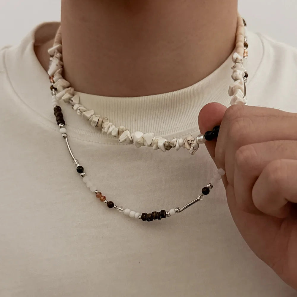 2pcs New Trendy Natural Stone Chain Necklace Set for Men Hip Hop Double Layer Wooden Beaded Choker Jewelry on the Neck