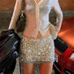 Women Y2K Sequin Mini Skirt Lace Trim Elastic Waist Low Rise Bodycon Micro Short Skirt Club Party Festival Skirts