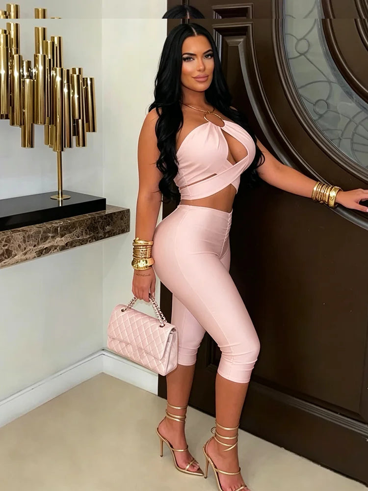 Midnight Sexy Fashion 2 Piece Set Woman Metal Ring Halter Bandage Backless Tops+Skinny Peach Hip Shorts Party Suits