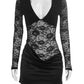 Women Deep V Neck Long Sleeve Sexy Mini Dress Lace Spliced Draped Ruched Bodycon Dress Night Club Party Evening Dresses