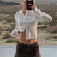Hollow Floral Lace Women Cropped Cardigan Stand Collar Long Sleeve Button Sheer See Through Cover Up Casual Beach Tops