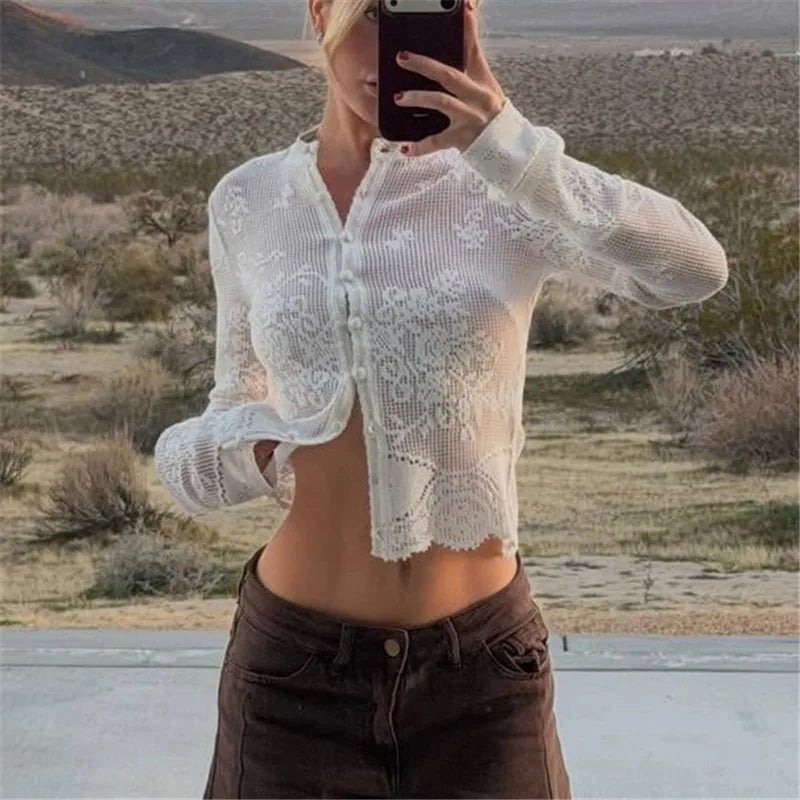 Hollow Floral Lace Women Cropped Cardigan Stand Collar Long Sleeve Button Sheer See Through Cover Up Casual Beach Tops