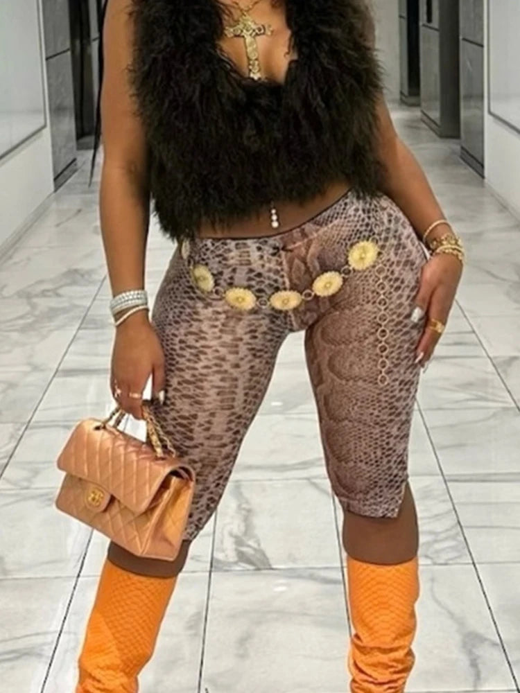 Serpentine Print Shorts Women Street Sexy Wild Style Elastic Waist Skinny Peach Hip Hottie Midnight Club Party Bottom