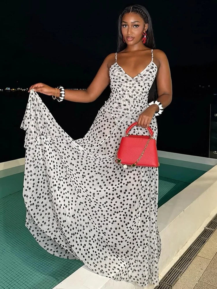Sexy See Through Maxi Dress Women Polka Dots Print Low-Neck Sleeveless Backless Summer Holiday Ruched Elegant Outfits