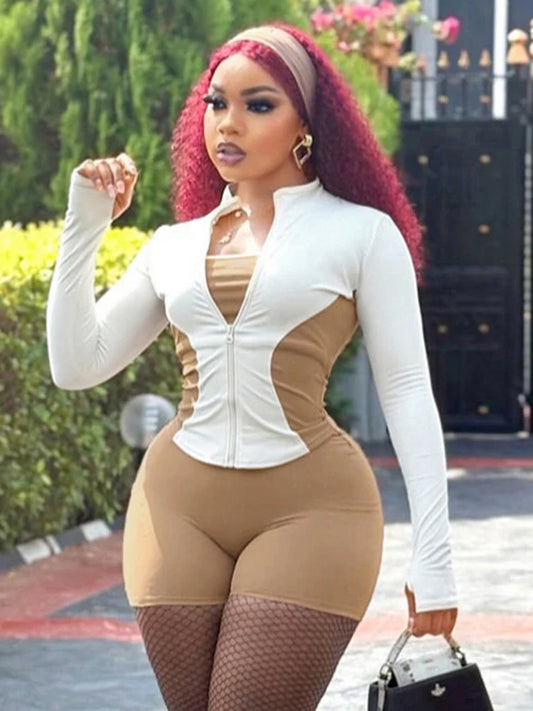 Casual 2piece Set Women Tracksuit Zip Contrast Patchwork Full Sleeve Jacket+Shorts Daily Simple Sporty Street Outfits