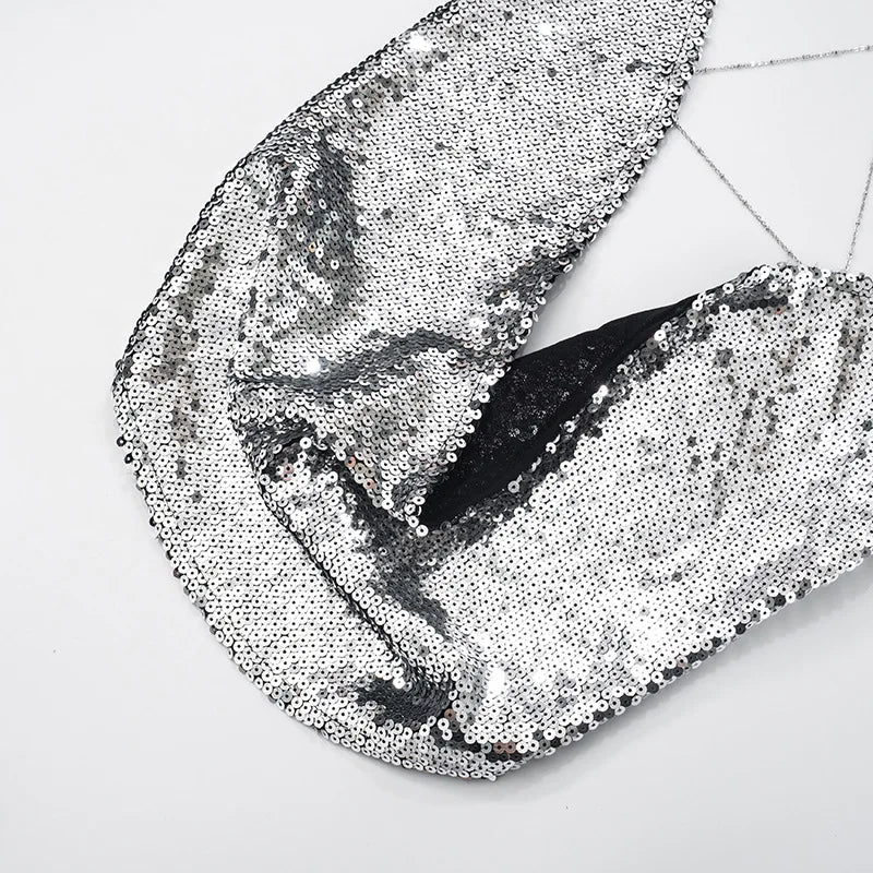 Sparkling Silver Sequin Tops Sexy Summer Night Club Rave Wear Tanks & Camis Chain Backless Halter Crop Top