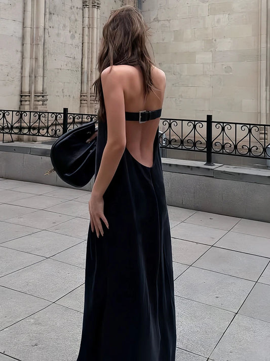 Banquet Metal Buckle Patchwork Dress Women Fashion Classic Backless Sleeveless Elegant Chic Party Street Maxi Bodycon