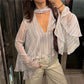 Women Striped Sheer Chiffon Blouse V Neck Neck Tie Ruffle Flare Long Sleeve Loose Cropped Casual Streetwear Office Tops