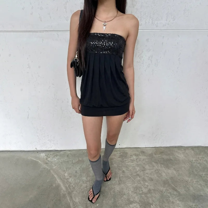 Sparkling Sequin-embellished Strapless Micro Mini Dress Sexy Black Club Dresses for Woman