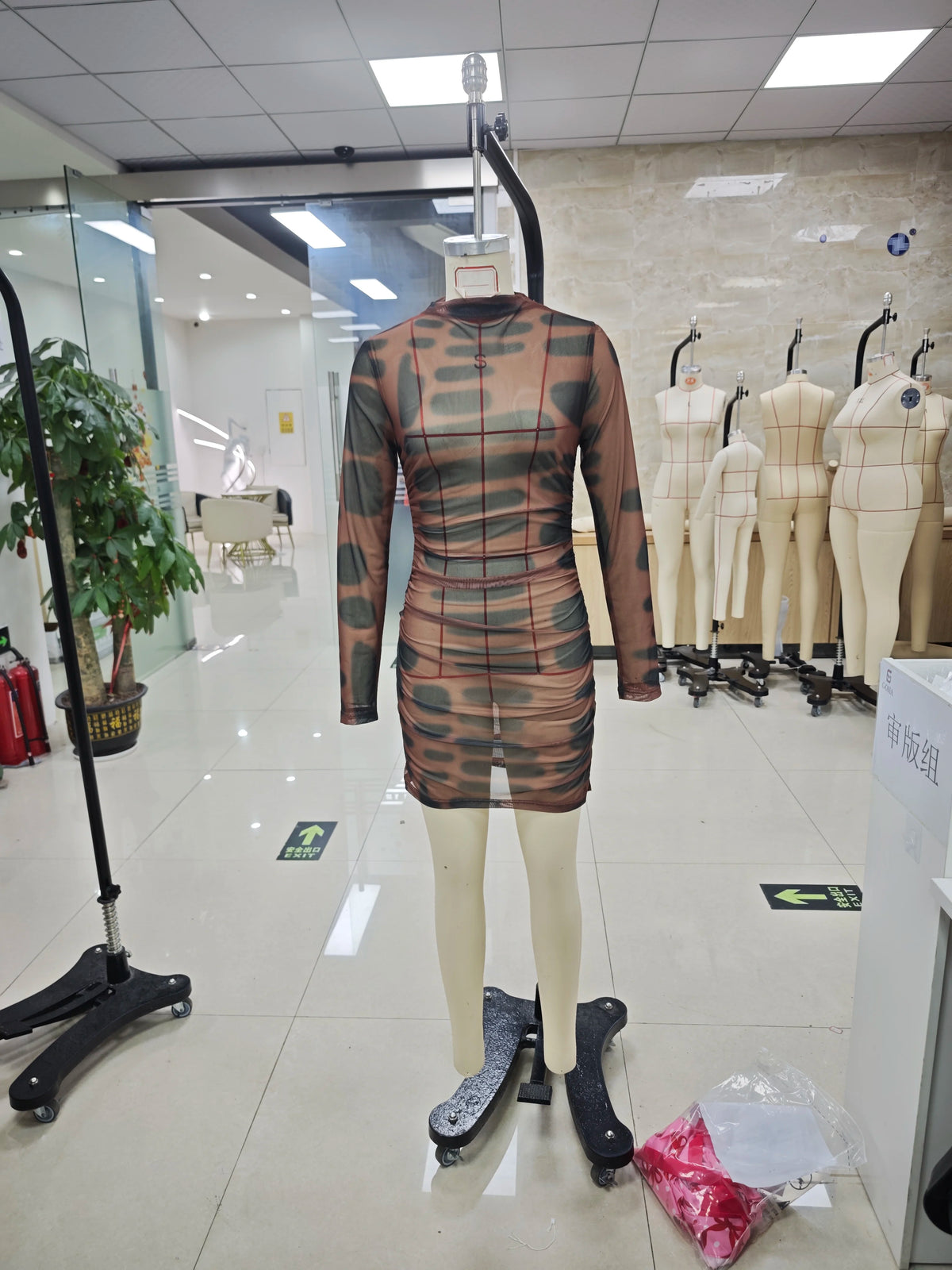 See Through Dress Women Aesthetics Print Sexy O-Neck Full Sleeve Skinny Peach Hip Clubwear Midnight Mini Bodycon