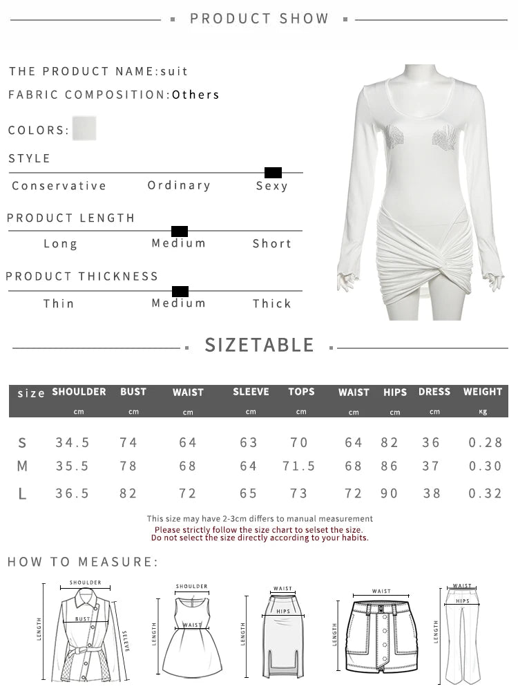 Sexy Diamonds Seashell Women 2 Piece Set Y2K Crew Neck Full Sleeve Bodysuits+Knot Cross Mini Skirts Matching Clubwear