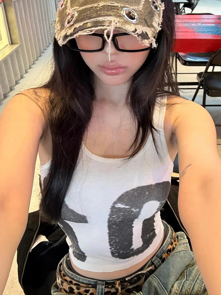Digital Print Vest Women Hottie u-Neck Skinny Simple Elasticity Sporty Fashion Street Party Classic Casual Daily Topsr