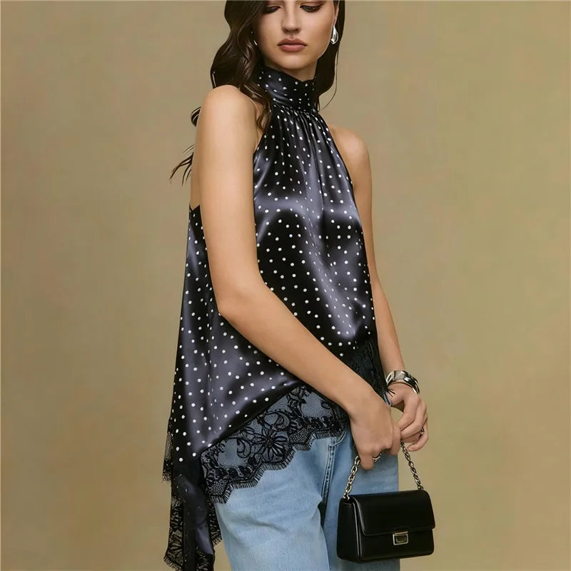 Women Black Satin Polka Dot Halter Top Sleeveless Lace Trim Asymmetrical Hem Open Back Blouse Y2K Coquette Streetwear