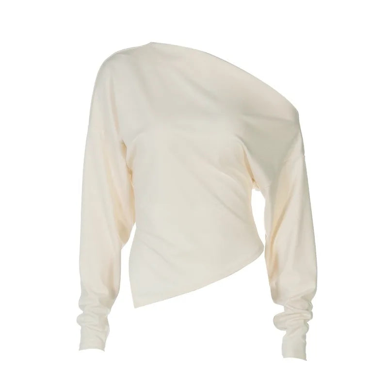 Fashion Asymmetrical Tops Solid Color One Shoulder Split Long Sleeve T Shirts for Woman Clothing Fall 2025