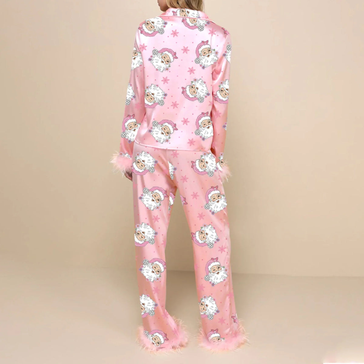 Christmas Pajamas for Women Feather Trim Button Down Long Sleeve Top and Pants Pj Set Soft Sleepwear Loungewear