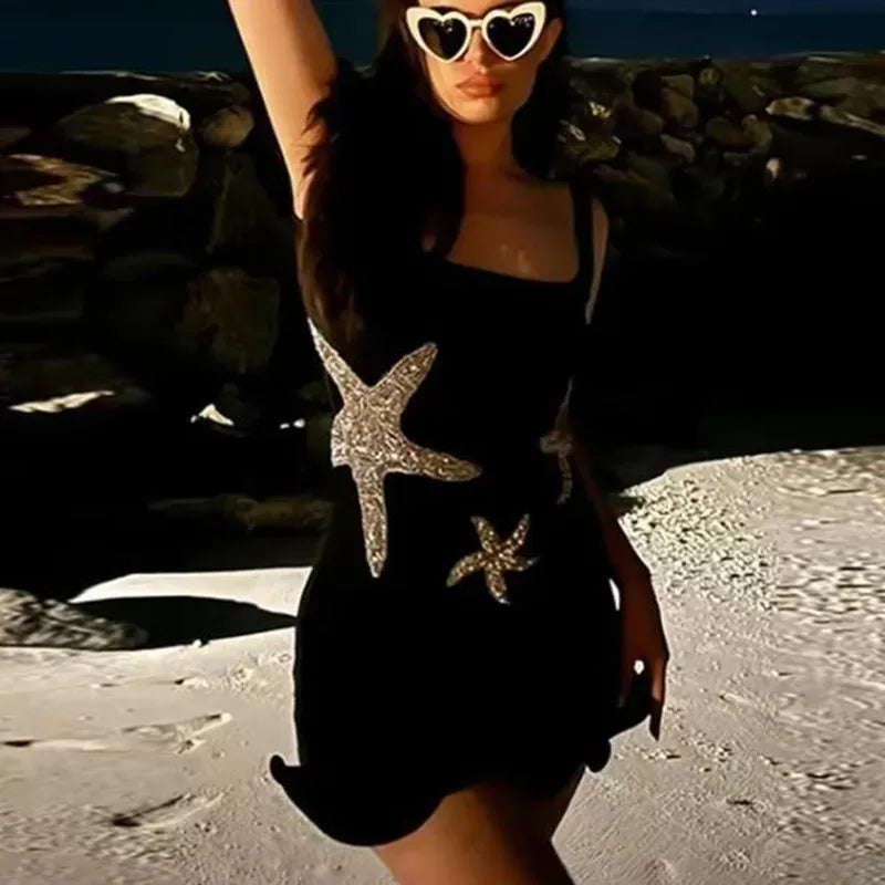 Sparkling Sequined Strap Women's Knit Mini Dress Elegant Shiny Sleeveless Bodycon Holiday Dresses Beach Party Vestido
