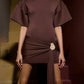 Fashion Short Sleeve Ruched Sexy Mini Dress Women Elegant Metal Decoration Solid O Neck High Waist Club Dresses New
