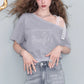 Sweet Lace Strap One-Shoulder Top, Boat Neck Short Sleeve, Casual Feminine Loose Top for Women
