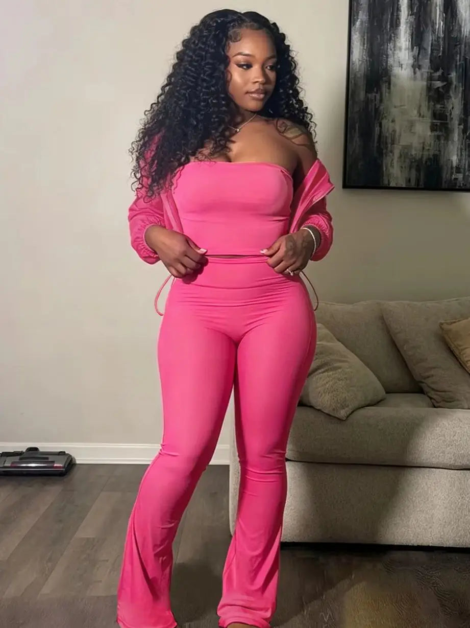 Casuals 2 Piece Set Women Chic Sporty Hooded Zipper Crop Jacket+Simple Tank Top+Flare Pants Autumn Trend Street Suits