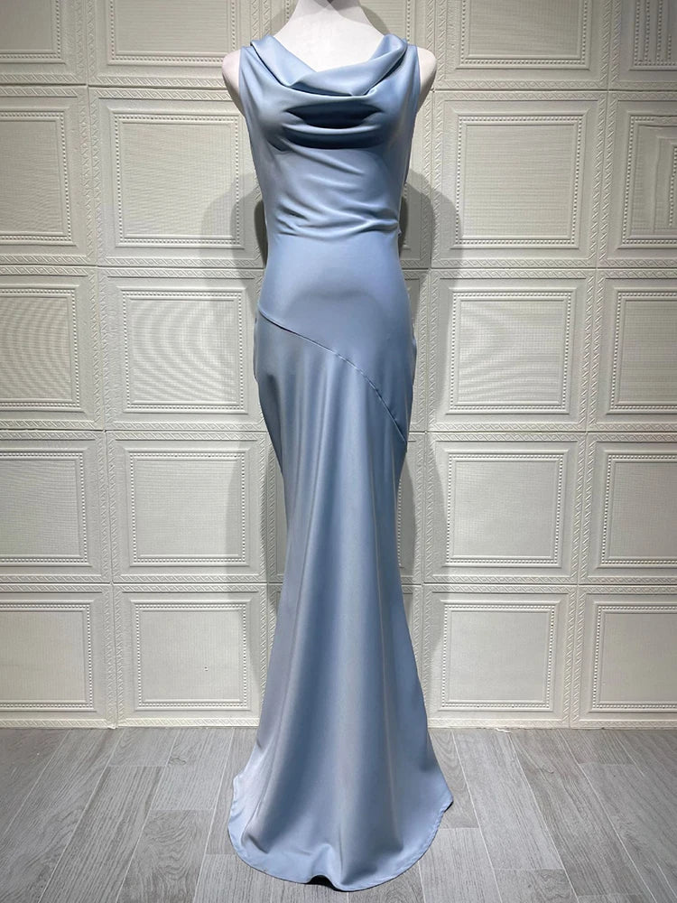 Satin Cowl Neck Backless Sexy Maxi Dress Women Gown Fashion Sleeveless Lace-up Bodycon Club Party Long Dress Female