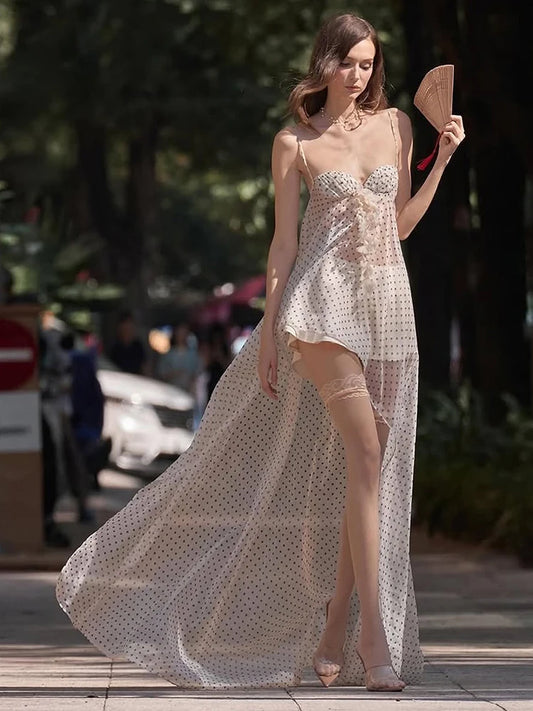 Ruffled Edge Polka Dot Print Dress Women Sexy See Through Patchwork Irregular Hem Fashion Elegant Party Club Long Bodycon
