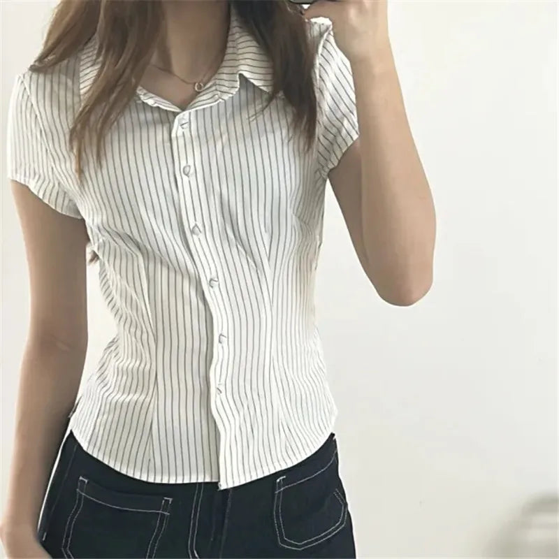 Women Striped Pleated Blouse Summer Y2k Aesthetic Single Breasted Slim T shirt Harajuku Grunge Fairy Cropped Blusas