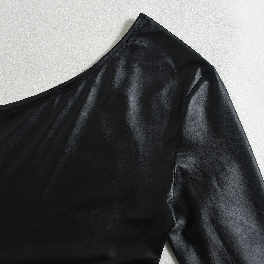 Bandage Hollow Dress Women Irregular Diagonal Collar Backless Single Sleeve Hot Girls Skinny Peach Hip Mini Bodycon