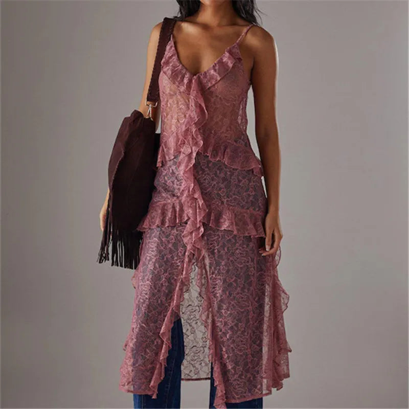 Women Split Front Sheer Flowy Long Cami Shirt Tank Top Sleeveless Spaghetti Strap Maxi Dress See Thru Beach Cover up