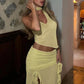 Sexy Fashion 2 Piece Set Women Halter Low-Neck Backless Tank Tops+Ruffles Tassel Splits Hem Skirts Wild Style Outfits