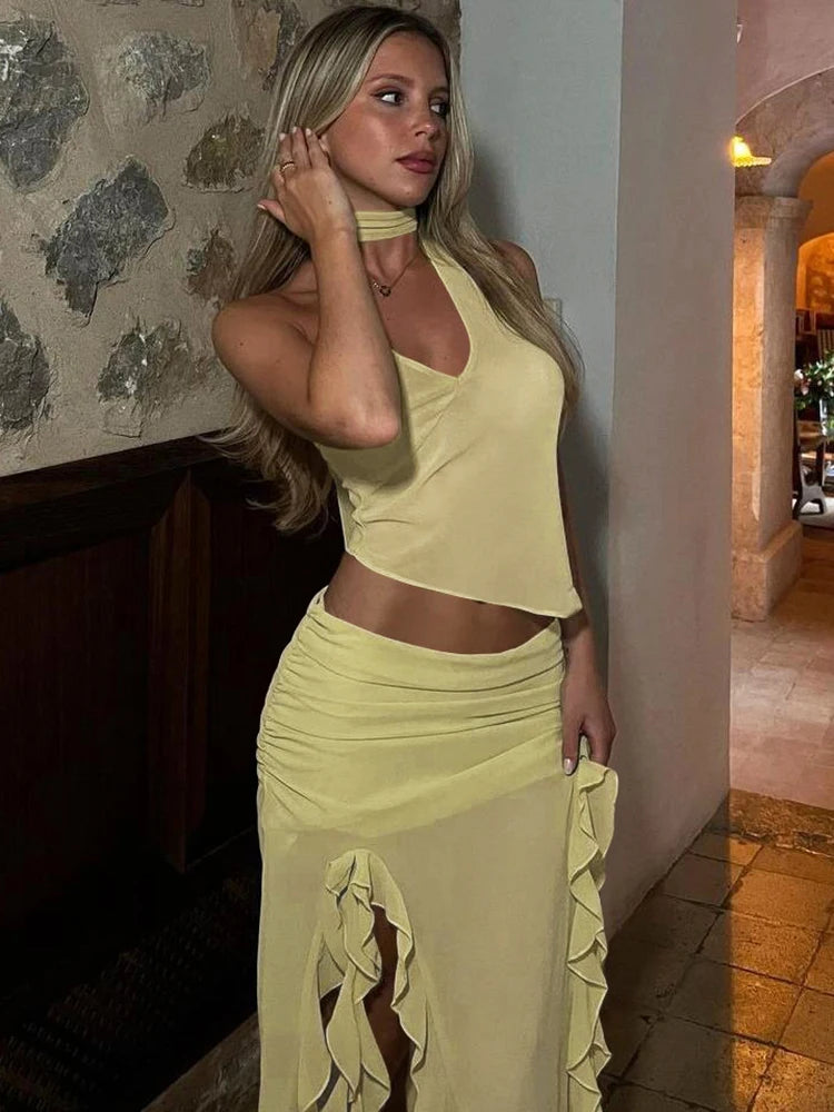 Sexy Fashion 2 Piece Set Women Halter Low-Neck Backless Tank Tops+Ruffles Tassel Splits Hem Skirts Wild Style Outfits
